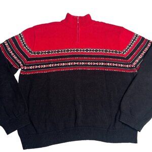 Jeanne Pierre Cotton Red Black Fair Isle 1/4 Zip Sweater Women's L Holiday Ski